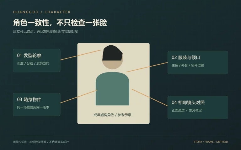 AI短剧角色一致性教程中成年虚构人物的发型、服装与物件锚点图解