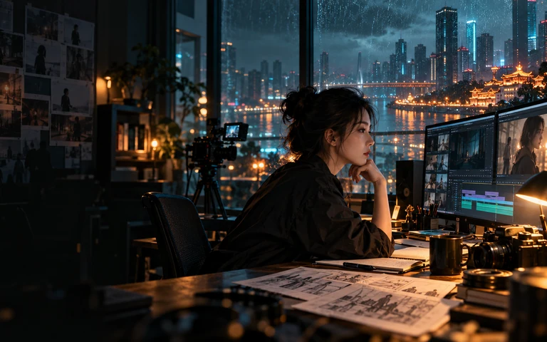 黄果AI短剧 · 电影创作工作室里的成年导演、分镜稿与雨夜城市