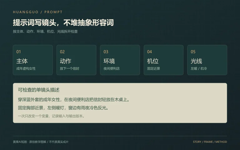 文生视频提示词的主体、动作、环境、机位与光线五项拆解图