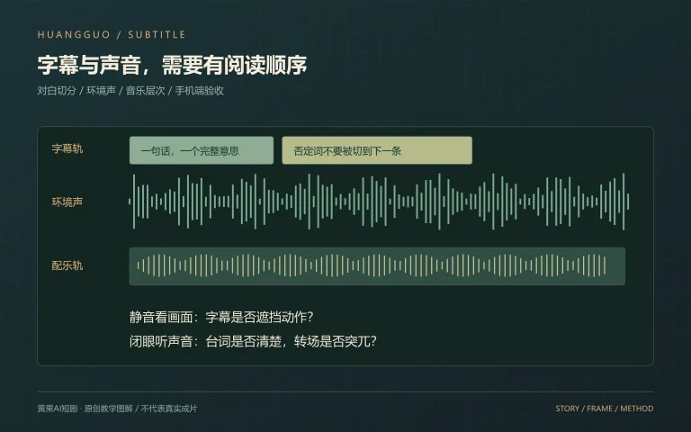 AI短剧后期字幕、环境声与配乐分层轨道及阅读顺序图解