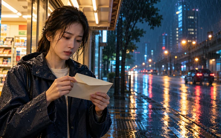 雨夜封信原创都市短剧中成年女主在雨夜便利店门口展开信封的概念画面